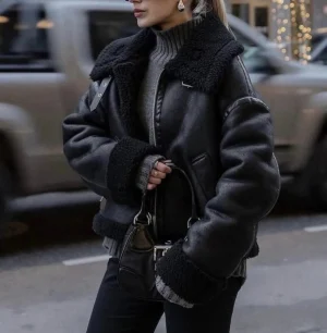 Zara fekete ZW kollekciós biker/aviator meleg kabát/jacket