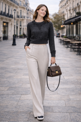 Zara sötétszürke crop gyöngyös pulóver