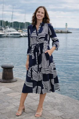 Zara királykék/fehér mintás 100% pamut hosszú ingruha