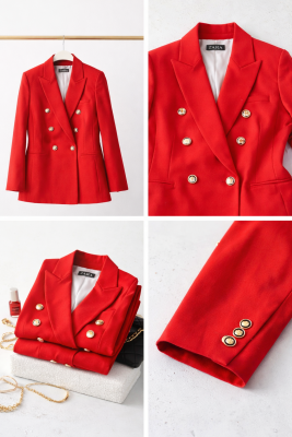 Zara piros textured blézer, arany díszgombokkal, derék részen szűkített
