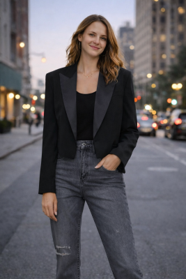 Zara fekete crop csinos blézer szatén betéttel